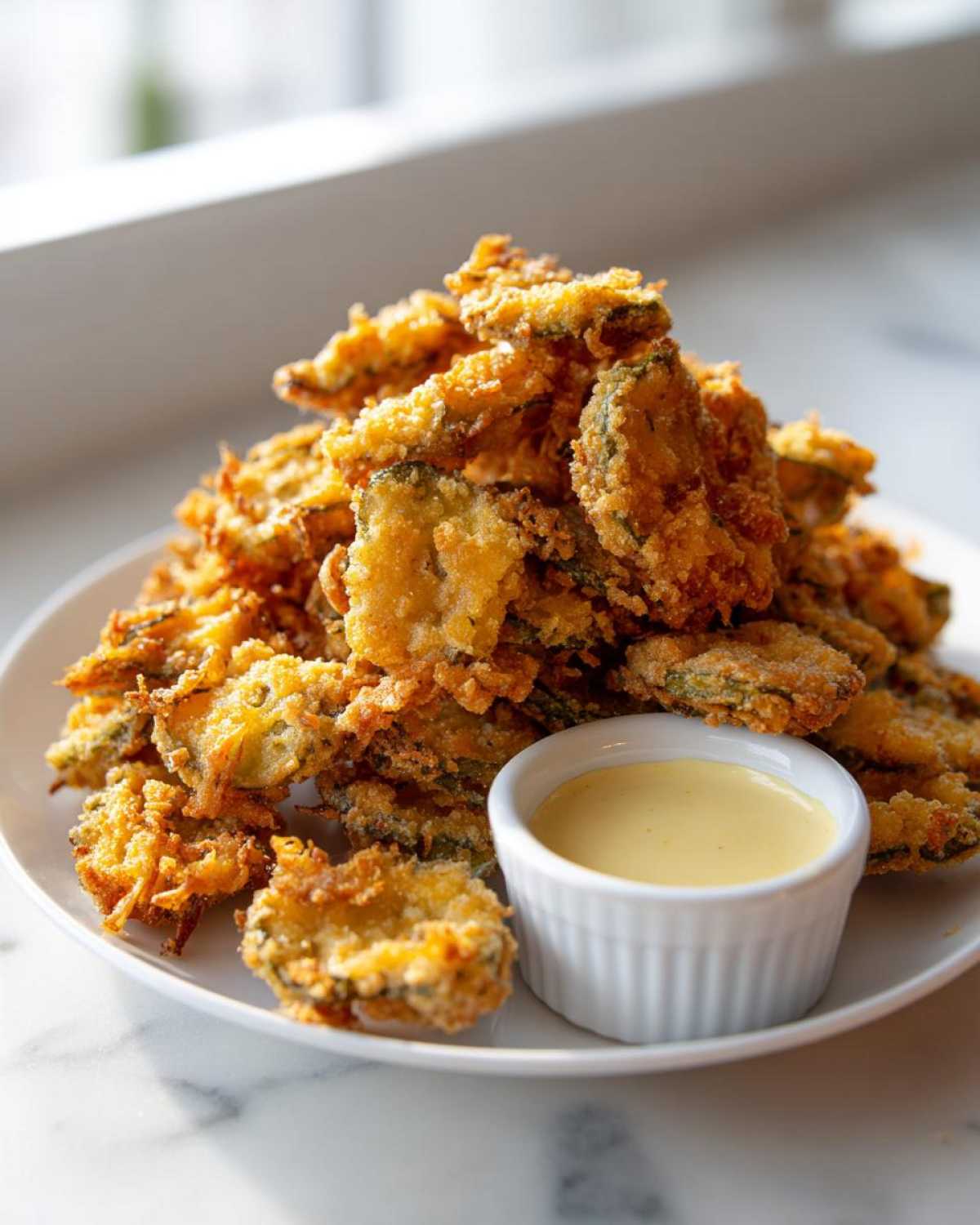 A large pile of golden brown, crispy Fried Pickles served on a white plate next to a small ramekin of yellow dipping sauce.