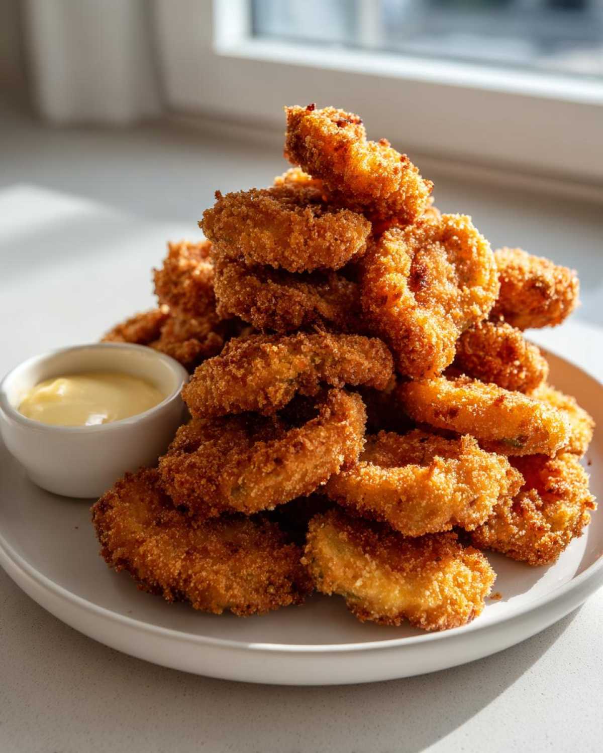 A tall stack of perfectly golden brown Fried Pickles served on a white plate with a side of dipping sauce.