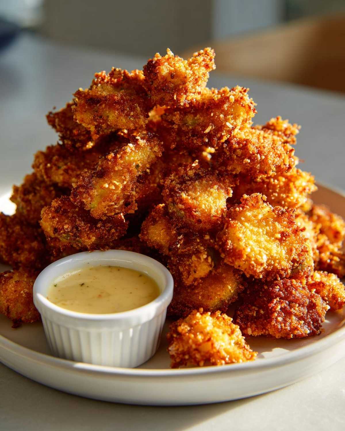 A tall pile of golden brown, crispy fried pickles served on a white plate with a small ramekin of creamy dipping sauce.