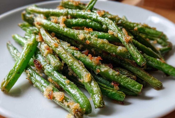 Close-up of bright green beans topped with crispy, browned breadcrumbs served on a white plate.