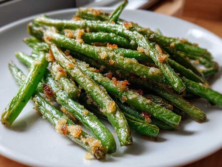 Close-up of bright green beans topped with crispy, browned breadcrumbs served on a white plate.