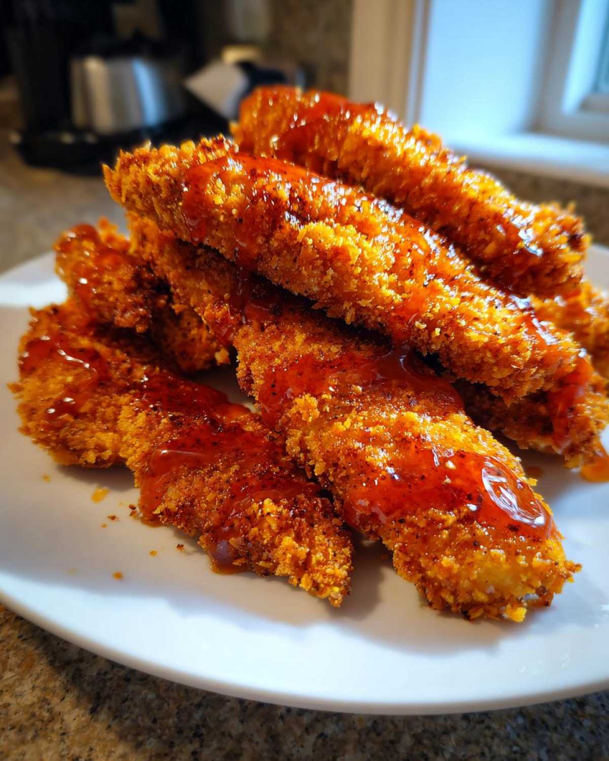 A close-up of crispy, golden-brown hot honey chicken tenders drizzled with sweet and spicy glaze.