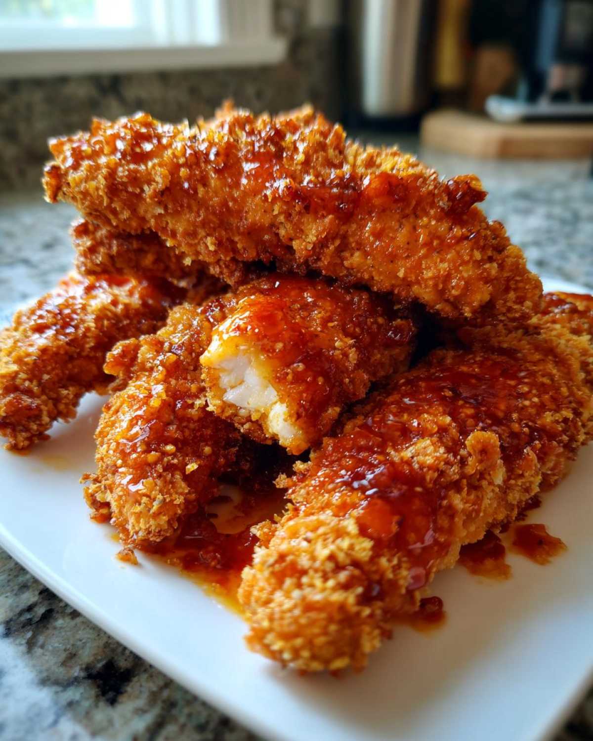 Close-up of crispy, golden hot honey chicken tenders piled on a white plate, one piece broken open.