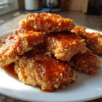A pile of crispy, golden hot honey chicken tenders glistening with sweet and spicy glaze on a white plate.