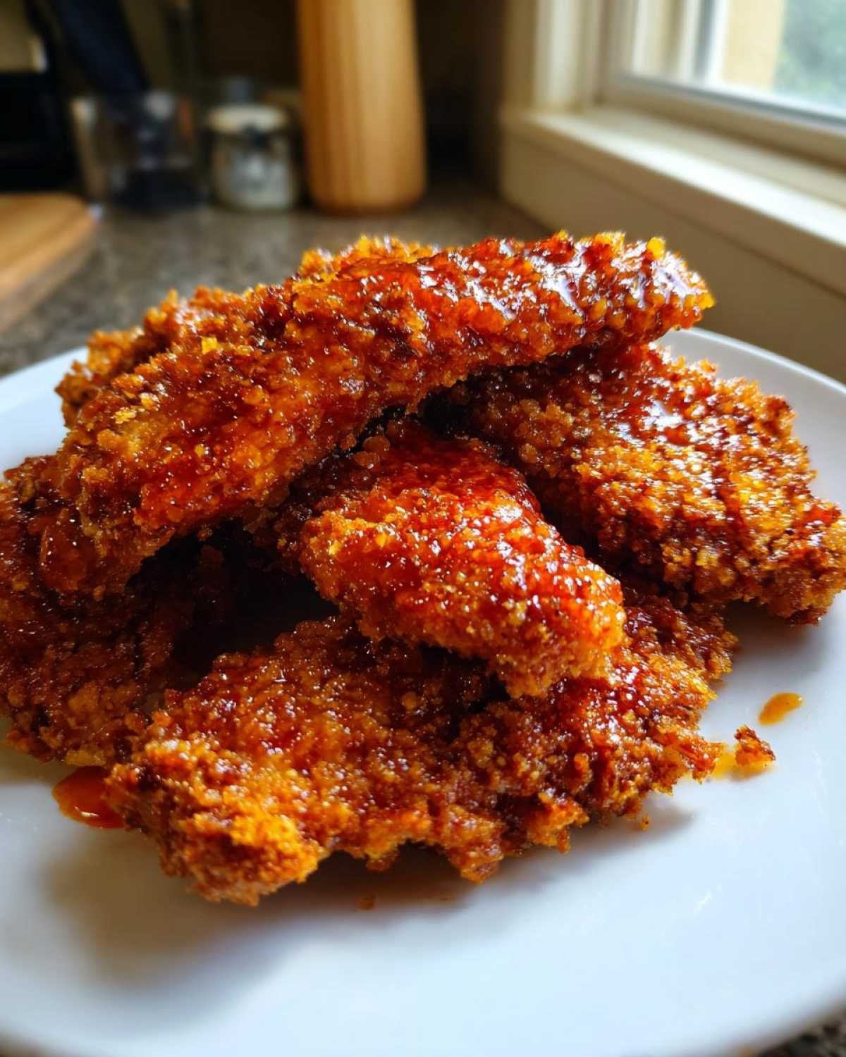 A pile of crispy, breaded hot honey chicken tenders glistening with a sweet and spicy glaze on a white plate.