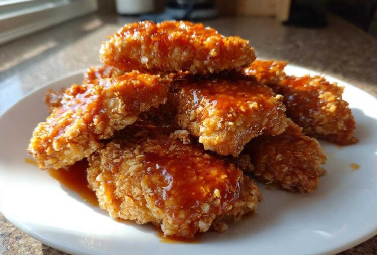 A pile of crispy, golden hot honey chicken tenders glistening with sweet and spicy glaze on a white plate.