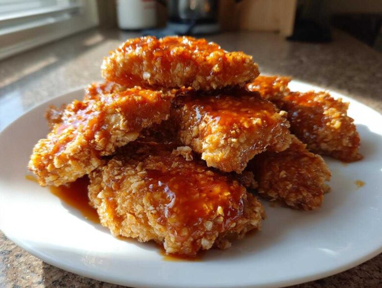 A pile of crispy, golden hot honey chicken tenders glistening with sweet and spicy glaze on a white plate.