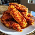 A close-up of crispy, golden-brown hot honey chicken tenders piled high on a white plate, glistening with sauce.