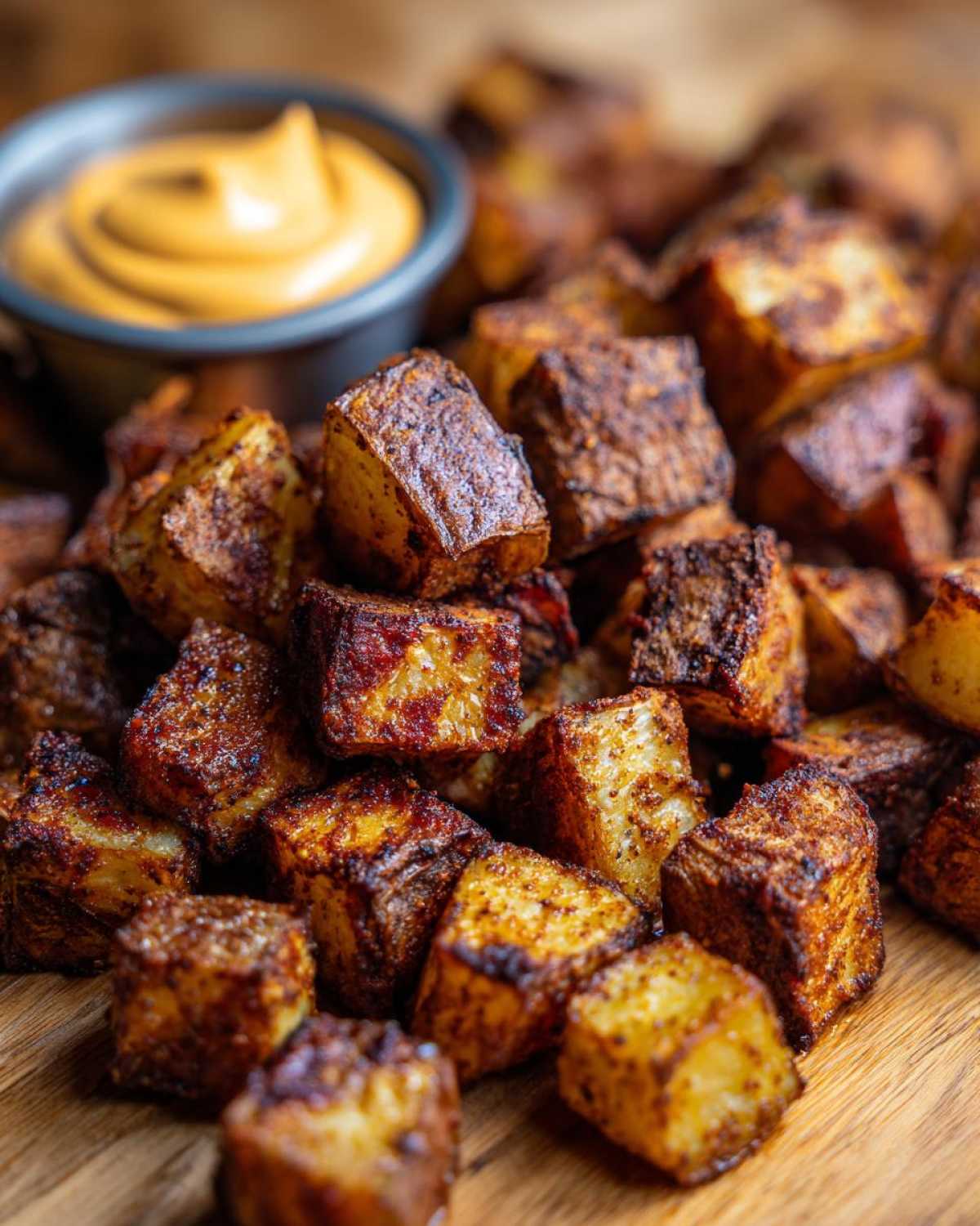 Close-up of perfectly seasoned and crispy Mexican Potatoes served with a side of creamy orange dipping sauce.