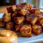 A pile of perfectly seasoned, crispy Mexican Potatoes served on a white plate next to a dollop of creamy orange dipping sauce.