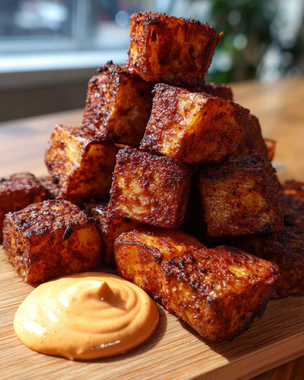 A stack of perfectly seasoned and crispy Mexican Potatoes served with a swirl of creamy orange dipping sauce.