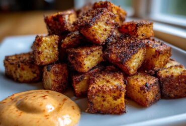 A pile of perfectly seasoned, crispy Mexican Potatoes served on a white plate next to a dollop of creamy orange dipping sauce.