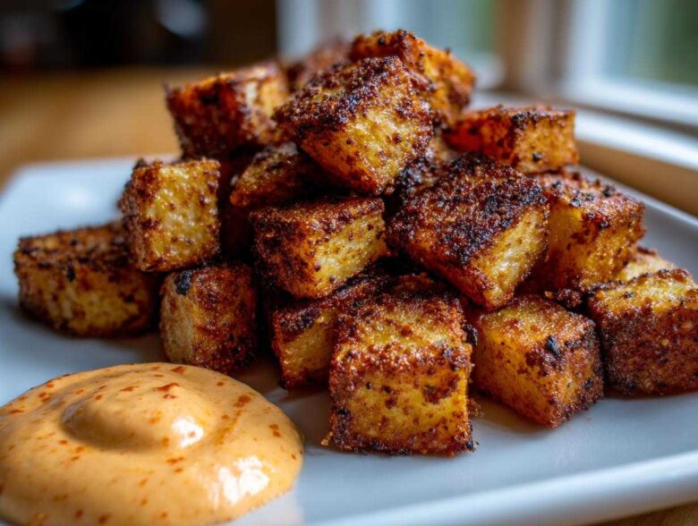 A pile of perfectly seasoned, crispy Mexican Potatoes served on a white plate next to a dollop of creamy orange dipping sauce.