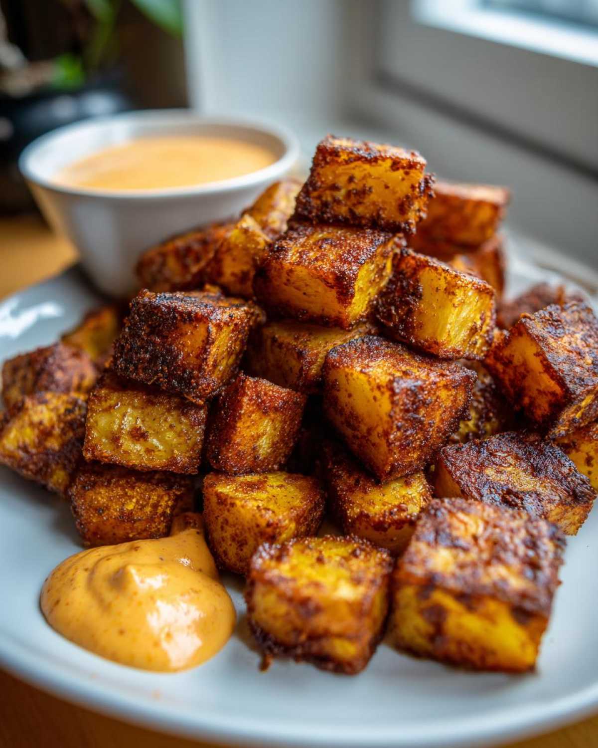A pile of perfectly seasoned, crispy Mexican Potatoes served on a white plate with a side of creamy orange dipping sauce.