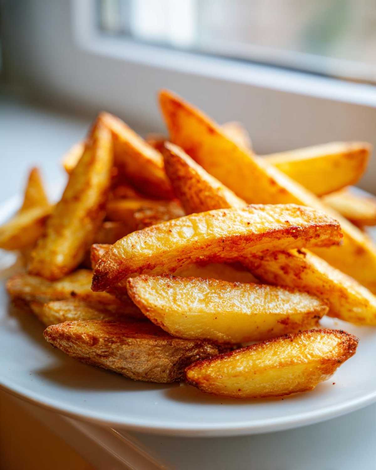 A close-up shot of a pile of golden, crispy potato wedges seasoned and served on a white plate.