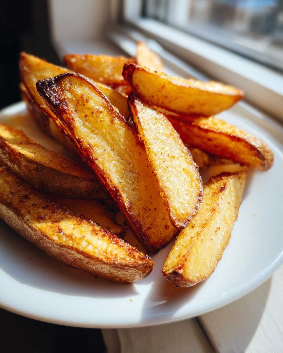 A close-up shot of golden brown, crispy seasoned potato wedges piled on a white plate near a window.