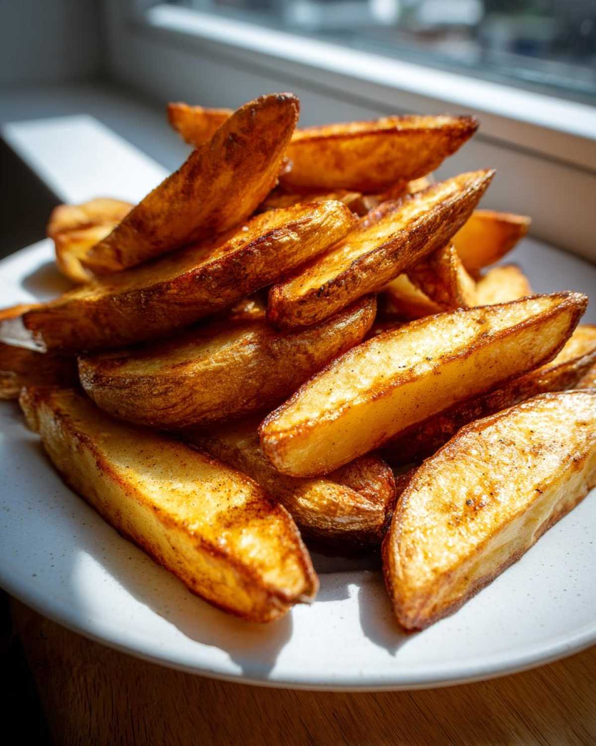 A close-up of a pile of golden, crispy potato wedges seasoned with spices, served on a white plate.
