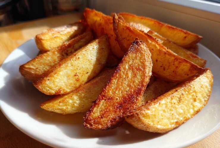 A close-up of golden brown, crispy potato wedges seasoned with spices, piled on a white plate.