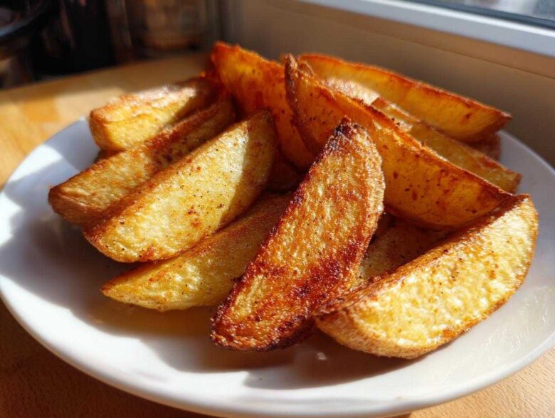 A close-up of golden brown, crispy potato wedges seasoned with spices, piled on a white plate.