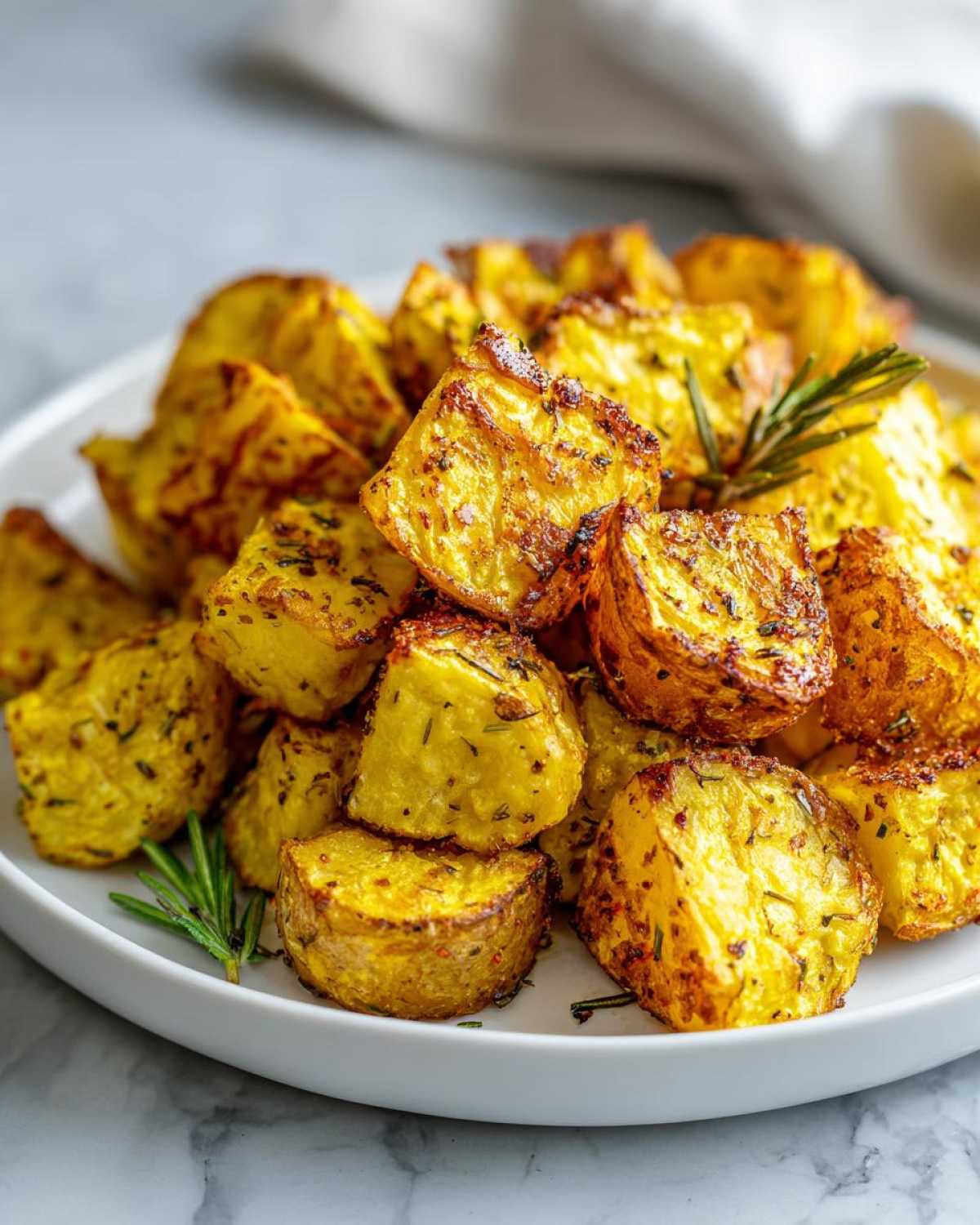 Close-up of golden, crispy roasted breakfast potatoes seasoned with herbs on a white plate.