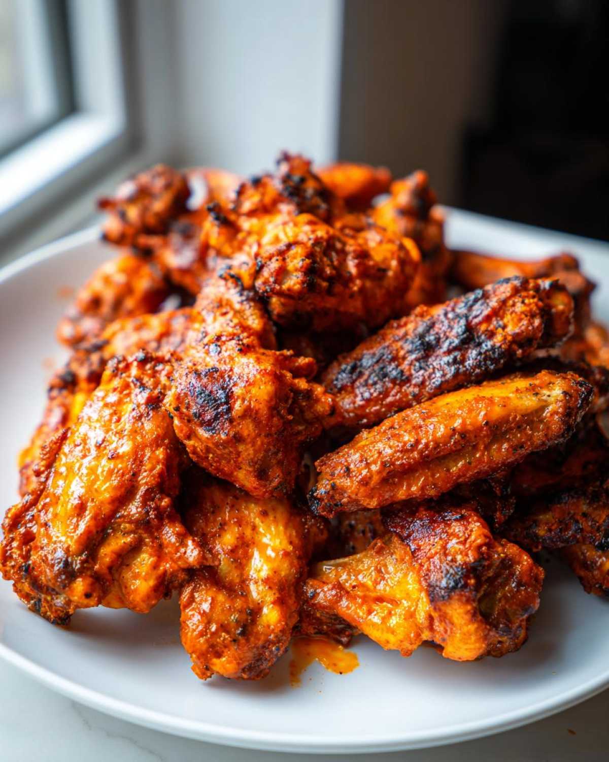 Close-up of a large pile of perfectly crispy, saucy, and slightly charred chicken wings on a white plate.