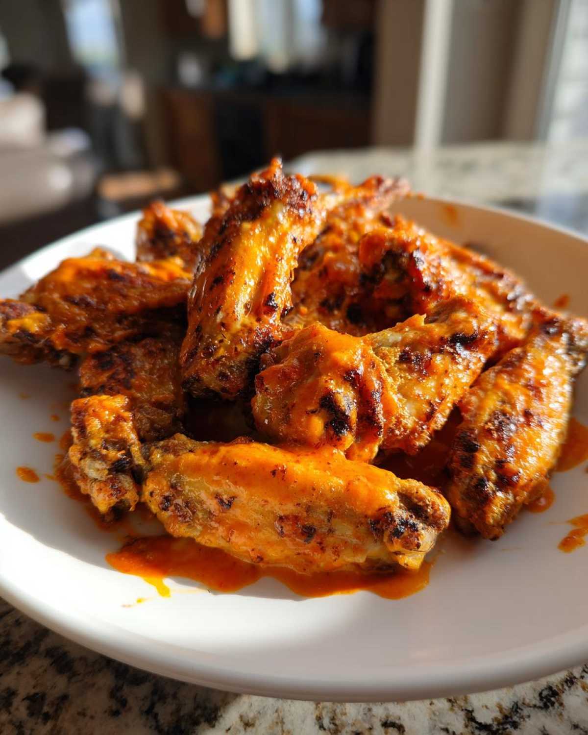 Close-up of several perfectly crispy, saucy chicken wings piled on a white plate, glistening in the sunlight.