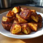 A pile of golden brown, crispy seasoned breakfast potatoes served on a white plate.