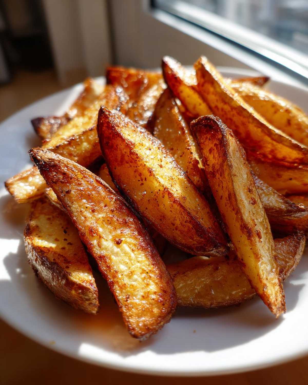 Close-up of golden brown, seasoned potato wedges piled high on a white plate, catching bright sunlight.