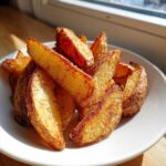 A close-up of perfectly crispy, golden brown potato wedges seasoned with spices, served on a white plate.