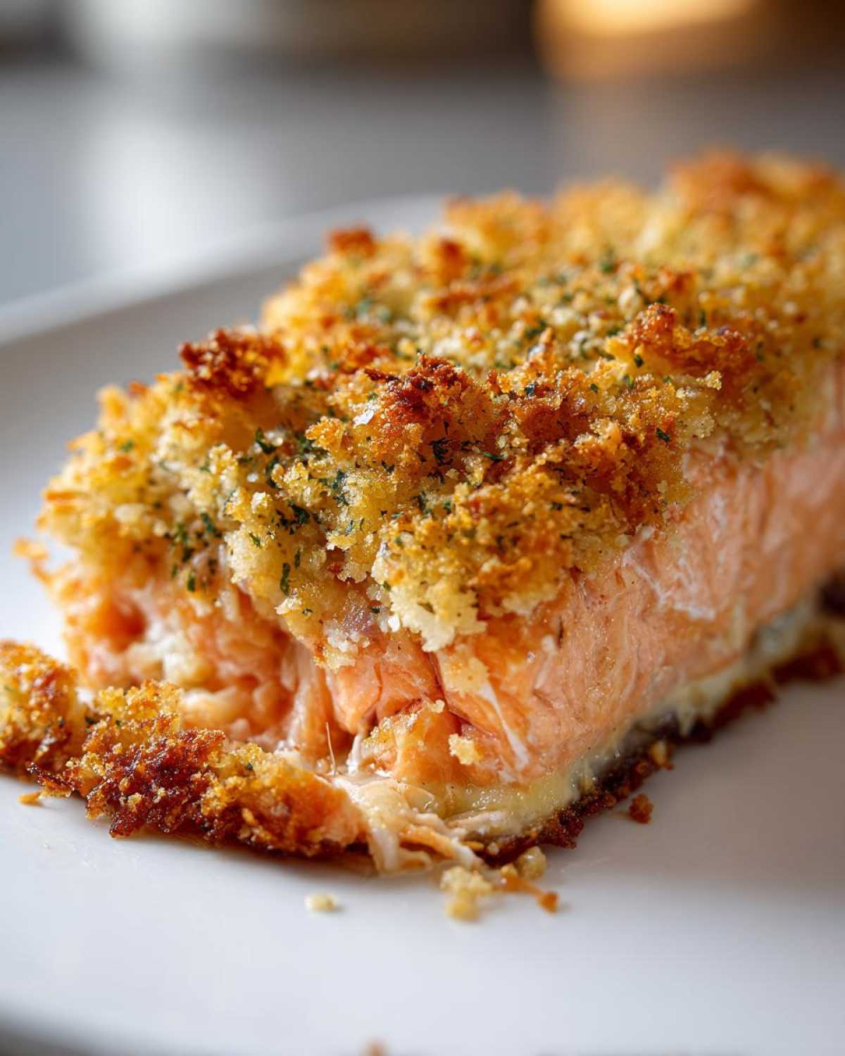 Close-up of a perfectly cooked stuffed salmon fillet with a golden, crispy breadcrumb topping.