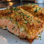 Close-up of two golden, crispy crusted stuffed salmon fillets garnished with fresh parsley.