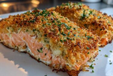 Close-up of two golden, crispy crusted stuffed salmon fillets garnished with fresh parsley.