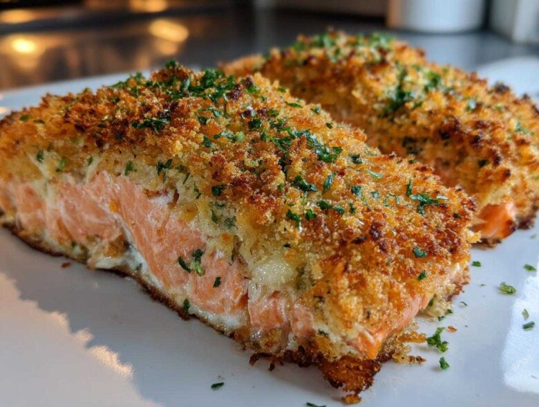Close-up of two golden, crispy crusted stuffed salmon fillets garnished with fresh parsley.