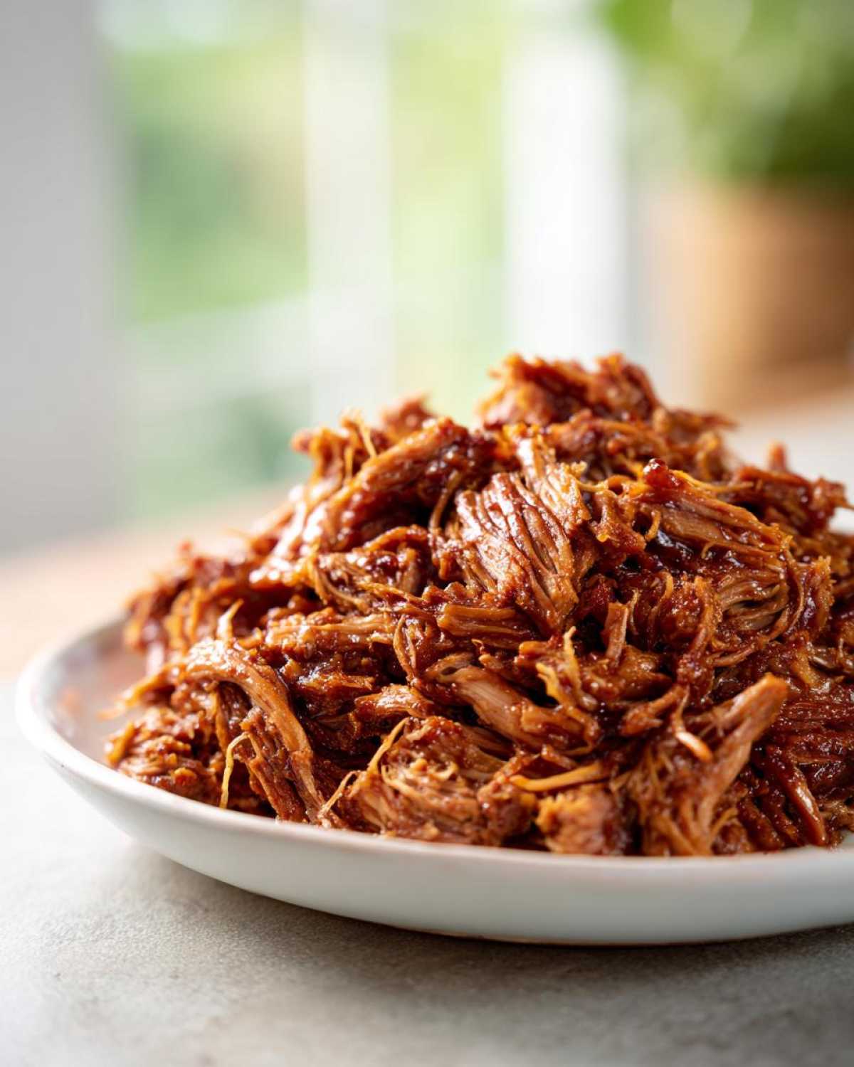 A close-up of a mound of saucy, shredded crock pot pulled pork piled high on a white plate.