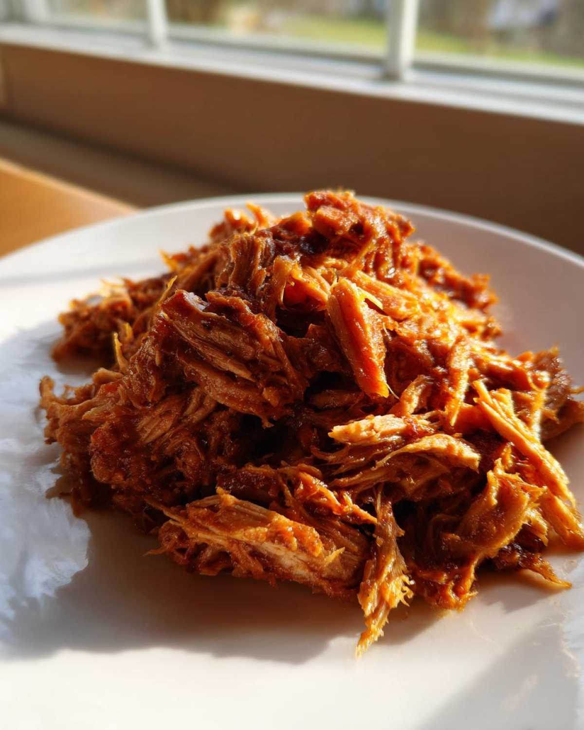 A close-up of perfectly shredded, saucy crock pot pulled pork piled high on a white plate near a window.