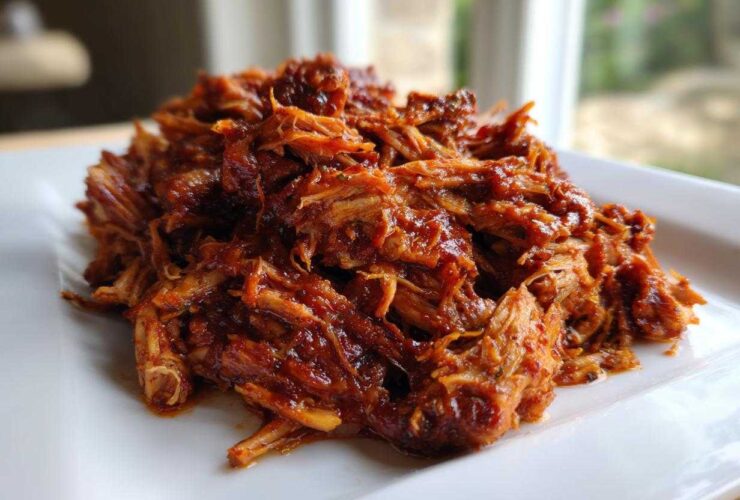 A close-up of moist, saucy crock pot pulled pork piled high on a white square plate.