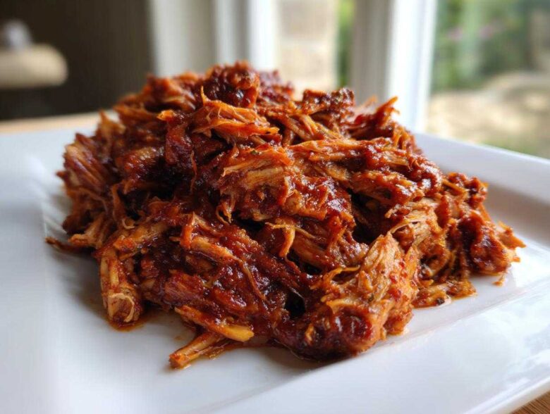 A close-up of moist, saucy crock pot pulled pork piled high on a white square plate.