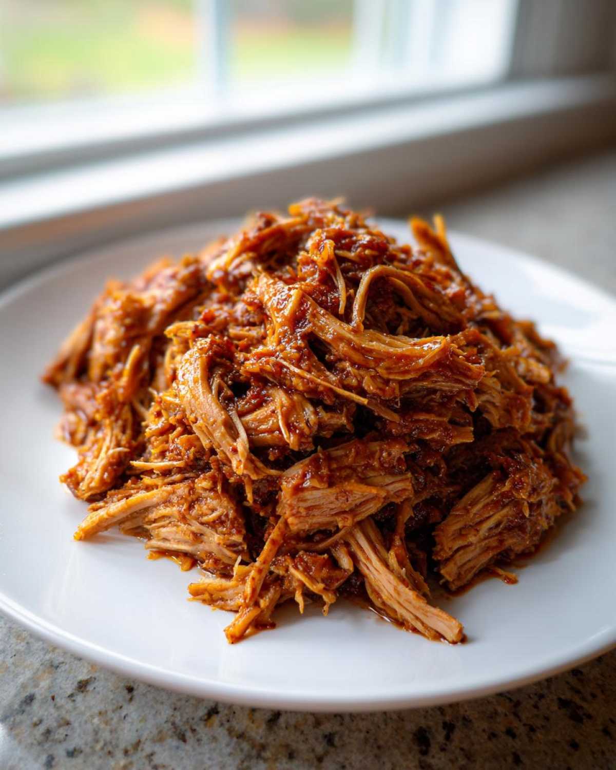 A mound of saucy, shredded crock pot pulled pork piled high on a white plate near a window.