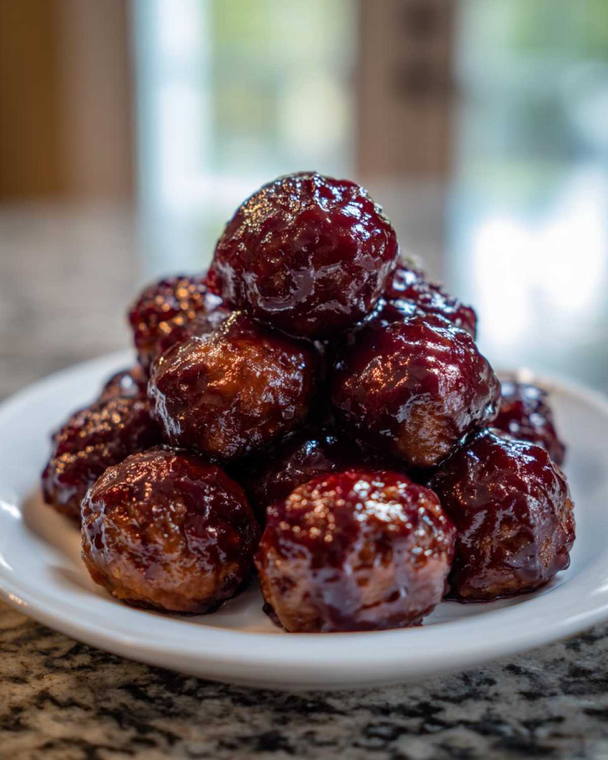 A close-up of several glistening Crockpot grape jelly meatballs piled high on a small white serving plate.
