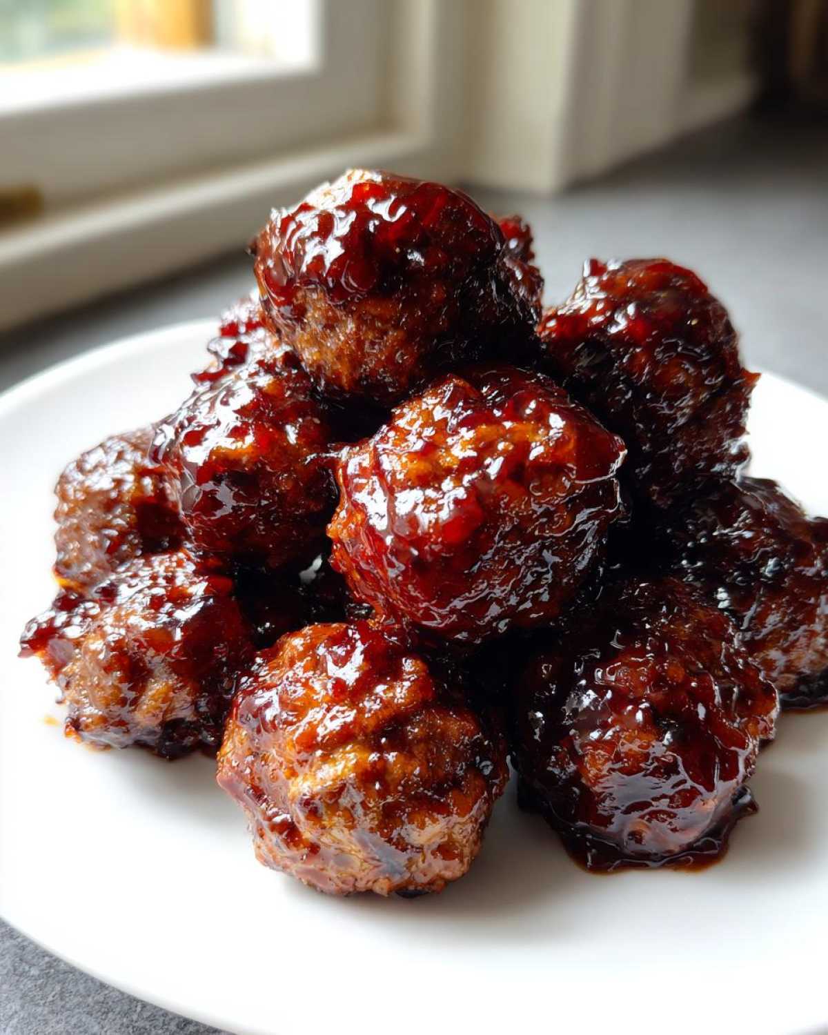 A close-up of several glossy Crockpot grape jelly meatballs piled high on a white serving plate.