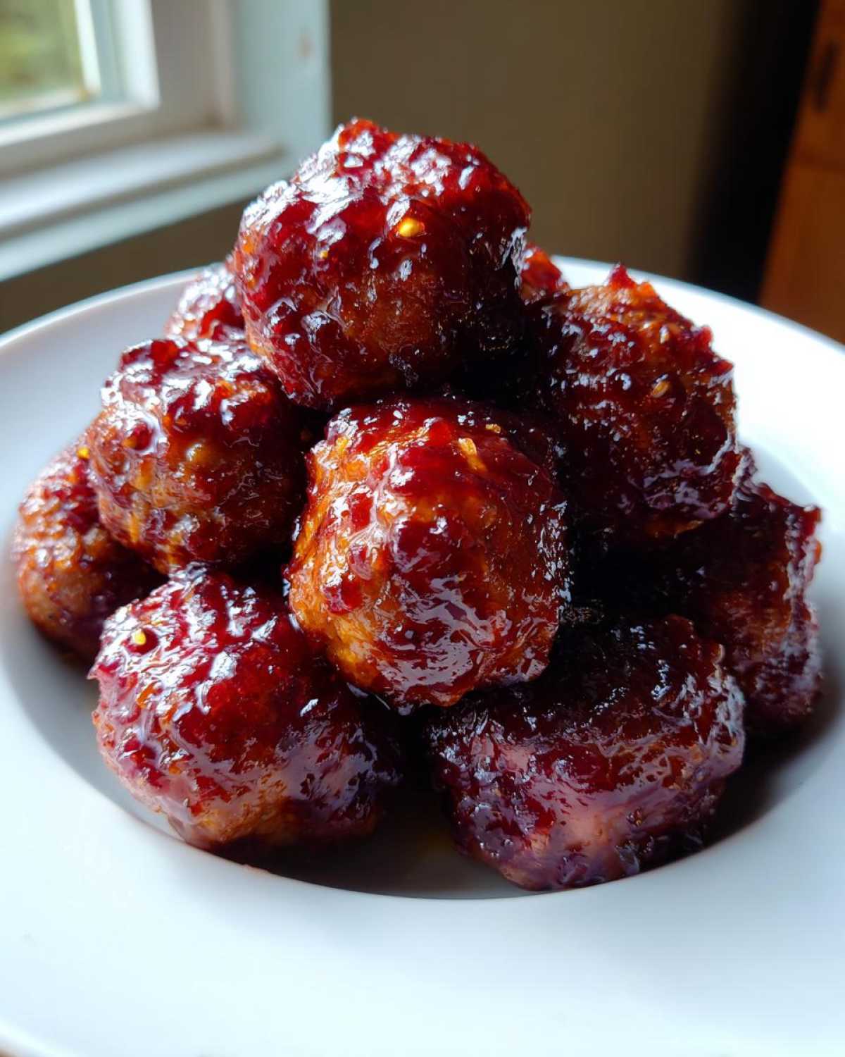 A close-up of several shiny, glazed Crockpot grape jelly meatballs piled high on a white plate.