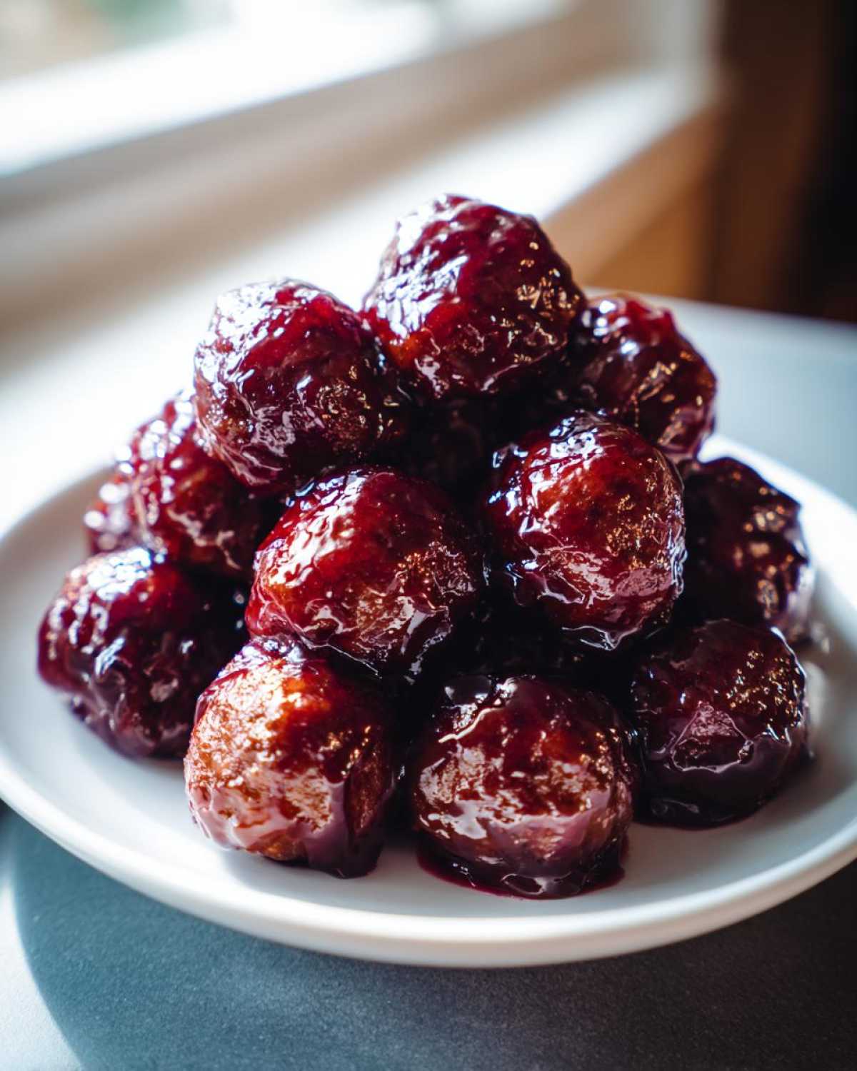 A mound of glossy, dark red Crockpot grape jelly meatballs piled high on a small white plate.