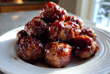 A close-up of several Crockpot grape jelly meatballs piled high on a white plate, glistening with sauce.