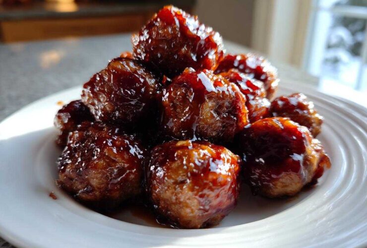 A close-up of several Crockpot grape jelly meatballs piled high on a white plate, glistening with sauce.