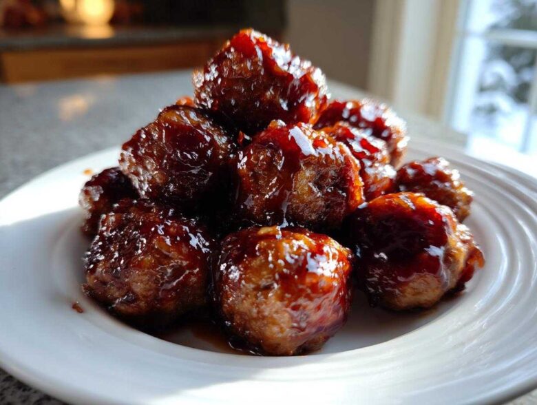 A close-up of several Crockpot grape jelly meatballs piled high on a white plate, glistening with sauce.
