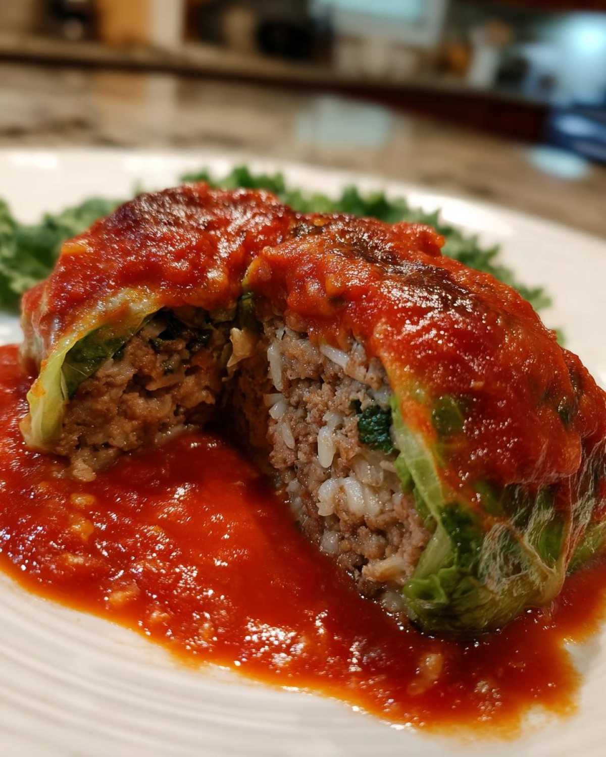 Close-up of cabbage rolls cut in half, showing the ground meat and rice filling, smothered in rich tomato sauce.