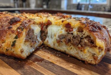 Close-up of a cross-section of baked garbage bread showing melted cheese pull and savory meat filling inside golden dough.