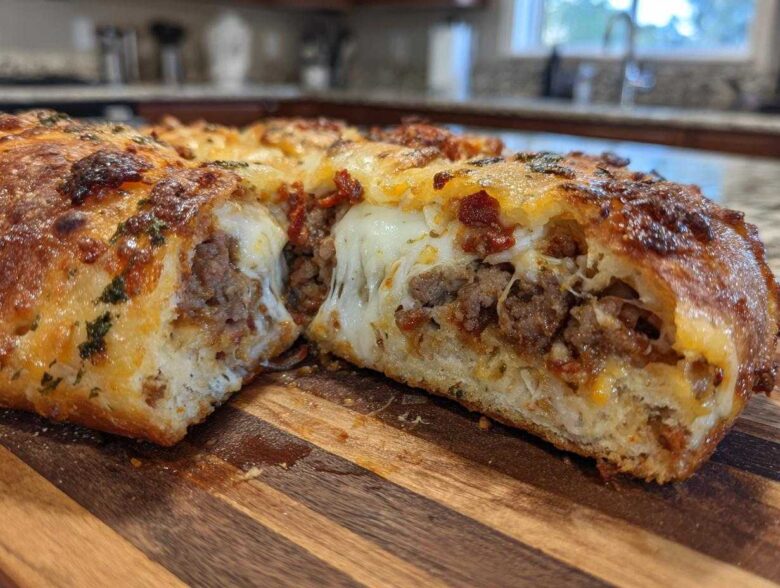Close-up of a cross-section of baked garbage bread showing melted cheese pull and savory meat filling inside golden dough.