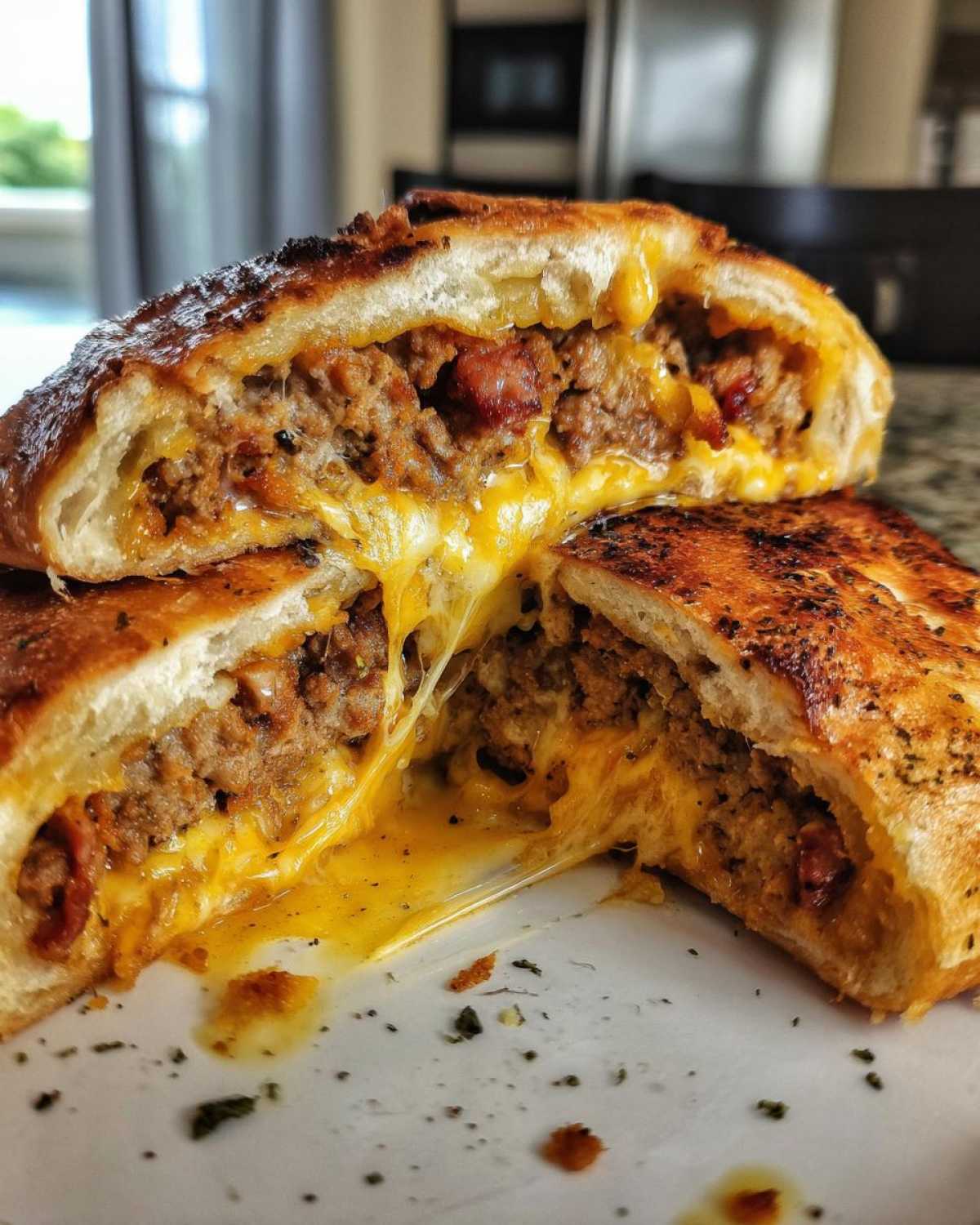 Close-up of delicious garbage bread cut in half, showing a rich meat filling and extreme, gooey melted cheddar cheese pull.