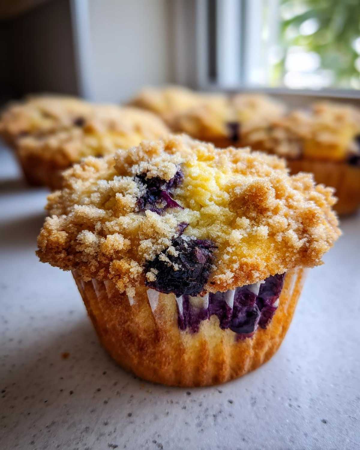 A close-up of a golden baked blueberry muffin topped with sweet streusel crumb topping.